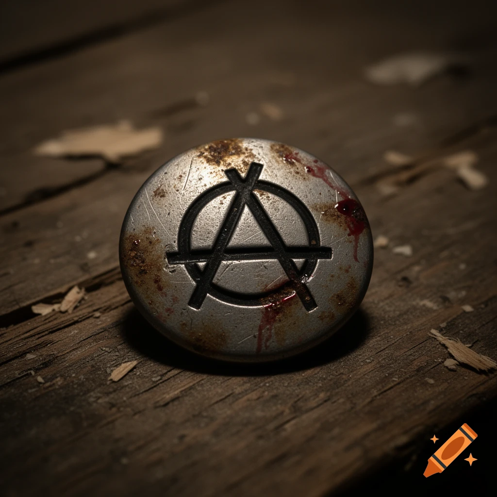 A close-up of a rusty, blood-spattered metal button with a black anarchy symbol, resting on a rough wooden surface.