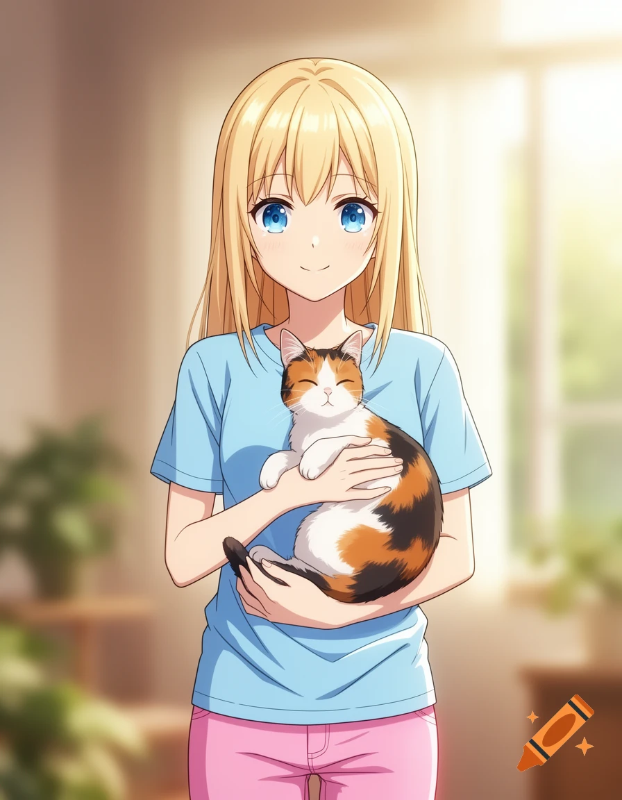Anime girl with blonde hair, blue eyes, light blue t-shirt, and pink pants, holding a calico cat.