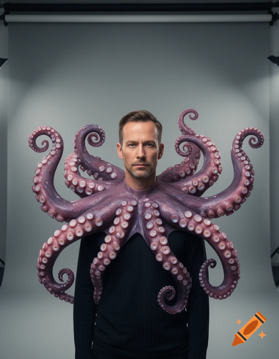 A man wearing a black shirt with purple octopus tentacles around his shoulders in a studio setting.