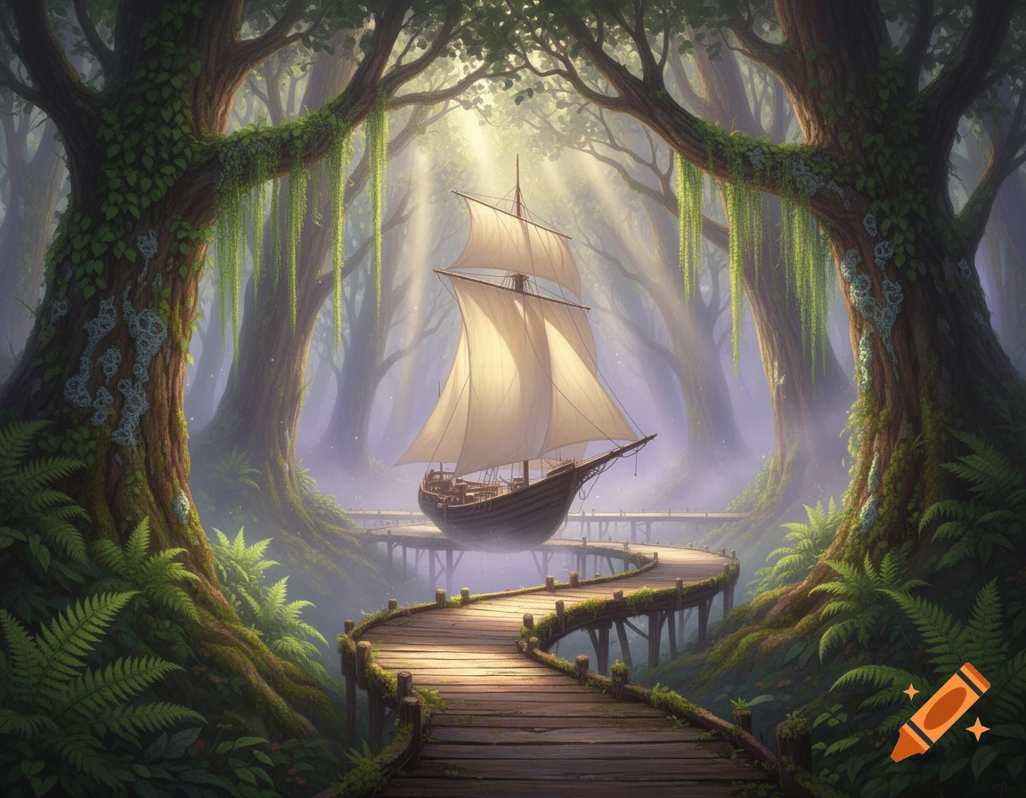 A fantasy scene depicting a sailing boat floating on a wooden boardwalk winding through a luminous, mossy forest.