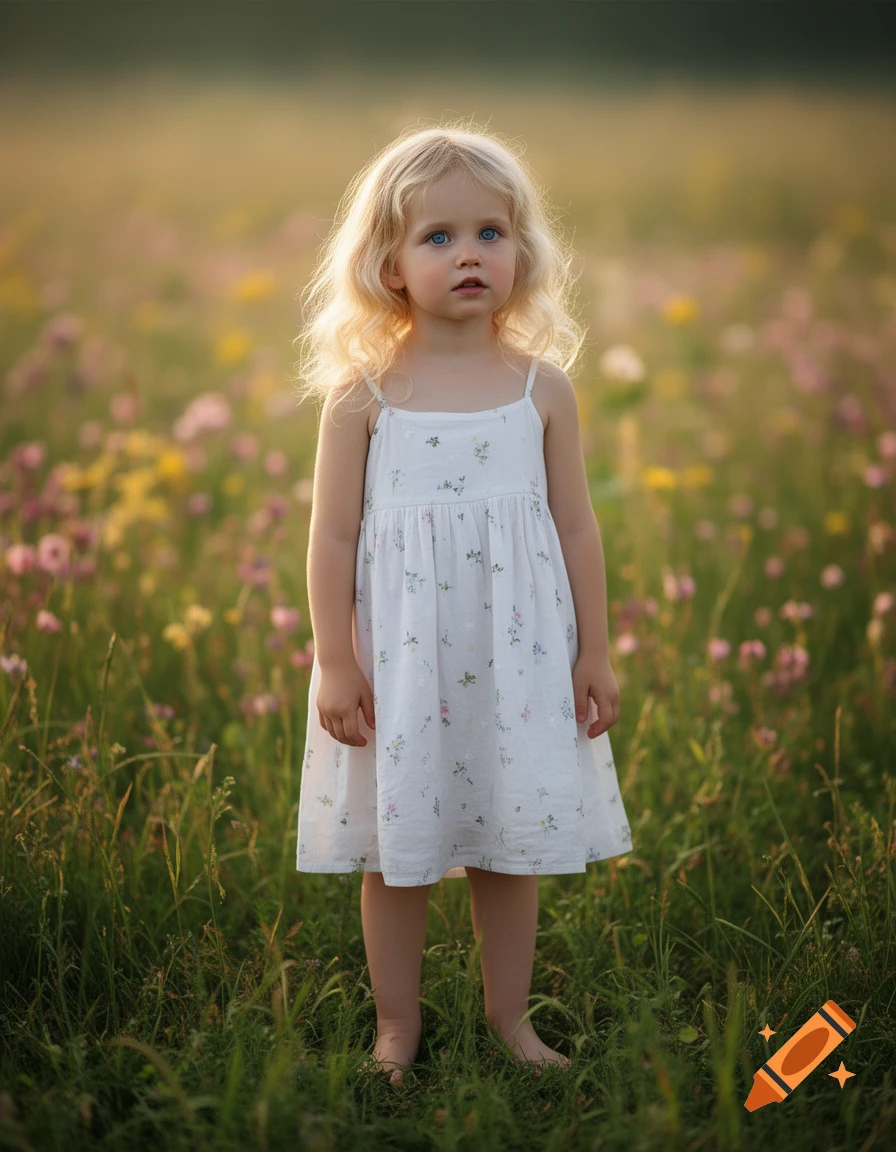 A blonde girl in a white sundress stands barefoot in a sunlit field of ...
