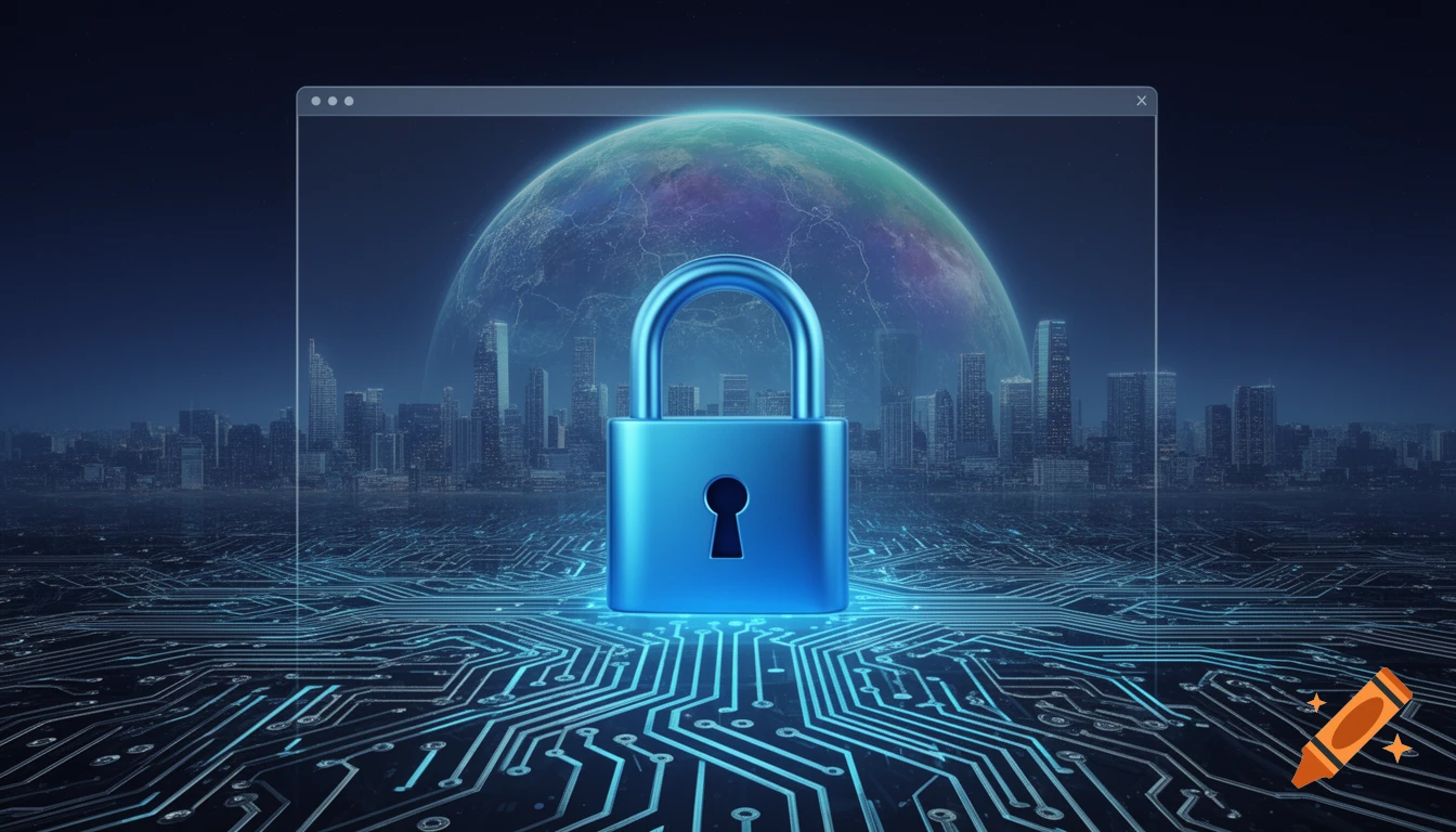 A glowing blue digital padlock on a circuit board, with a night city skyline and a globe visible through a transparent window representing cybersecurity.