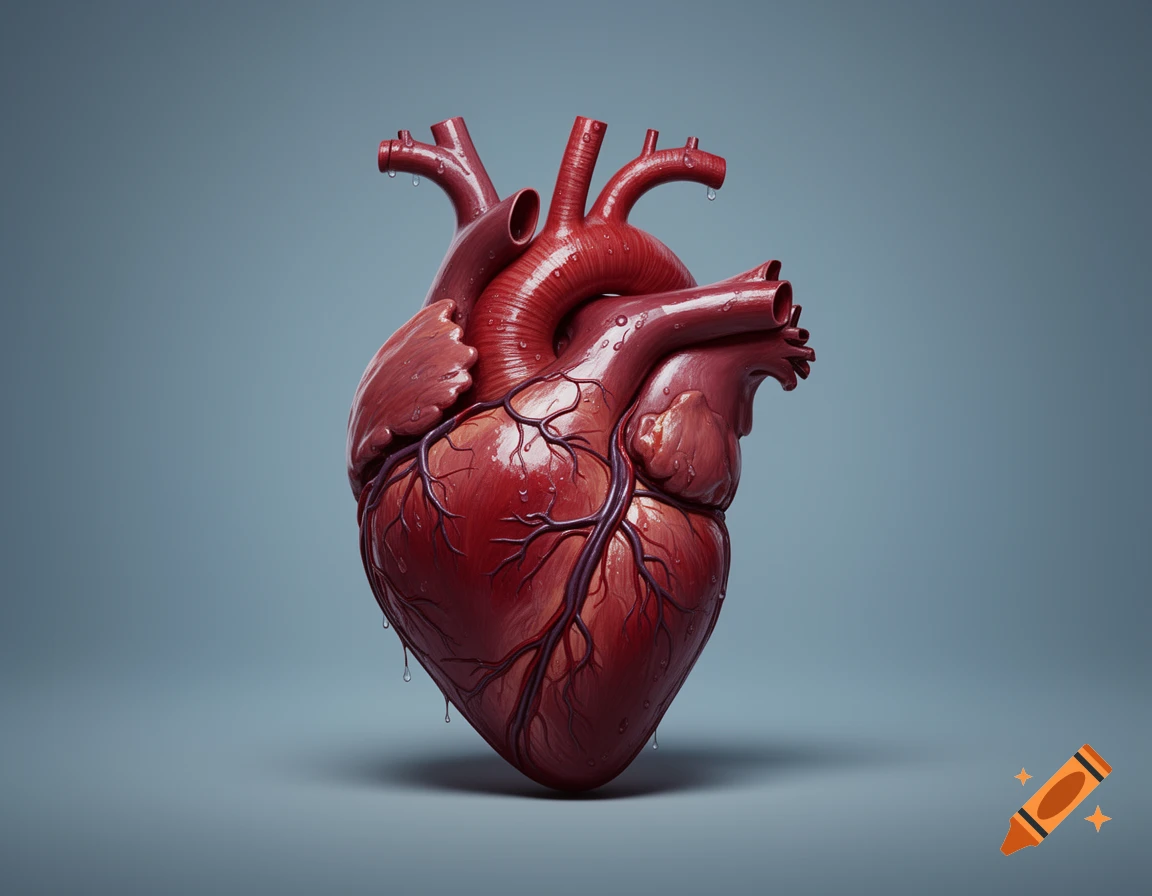 A highly detailed, realistic anatomical model of a human heart on a grey-blue background with water droplets.