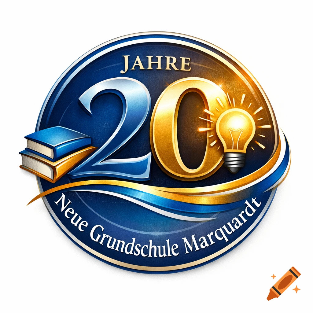 Blue and gold logo with '20 JAHRE Neue Grundschule Marquardt' text, two books, and a glowing lightbulb.