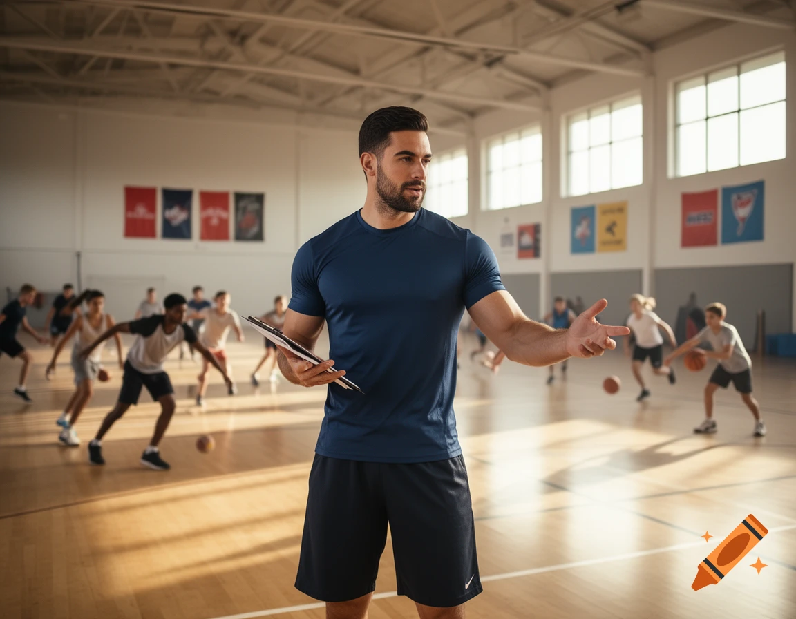 A male sports coach in a blue shirt and black shorts holds a clipboard and gestures while observing students playing basketball in a brightly lit gymnasium.