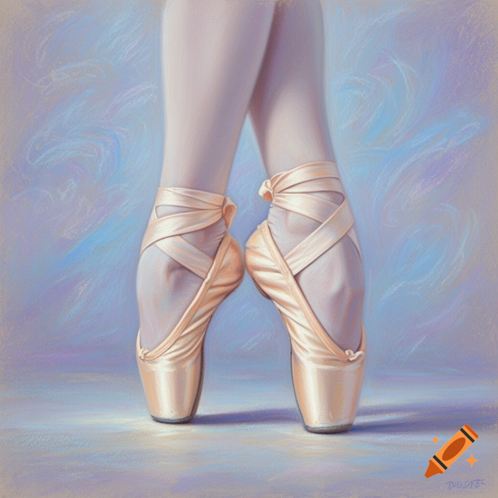 Close-up oil pastel painting of a ballet dancer's feet en pointe in light pink satin pointe shoes against a soft blue background.