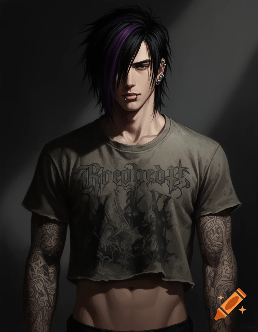 An illustration of an emo man with black and purple hair, ear and lip piercings, tattoos, and a cropped band t-shirt.