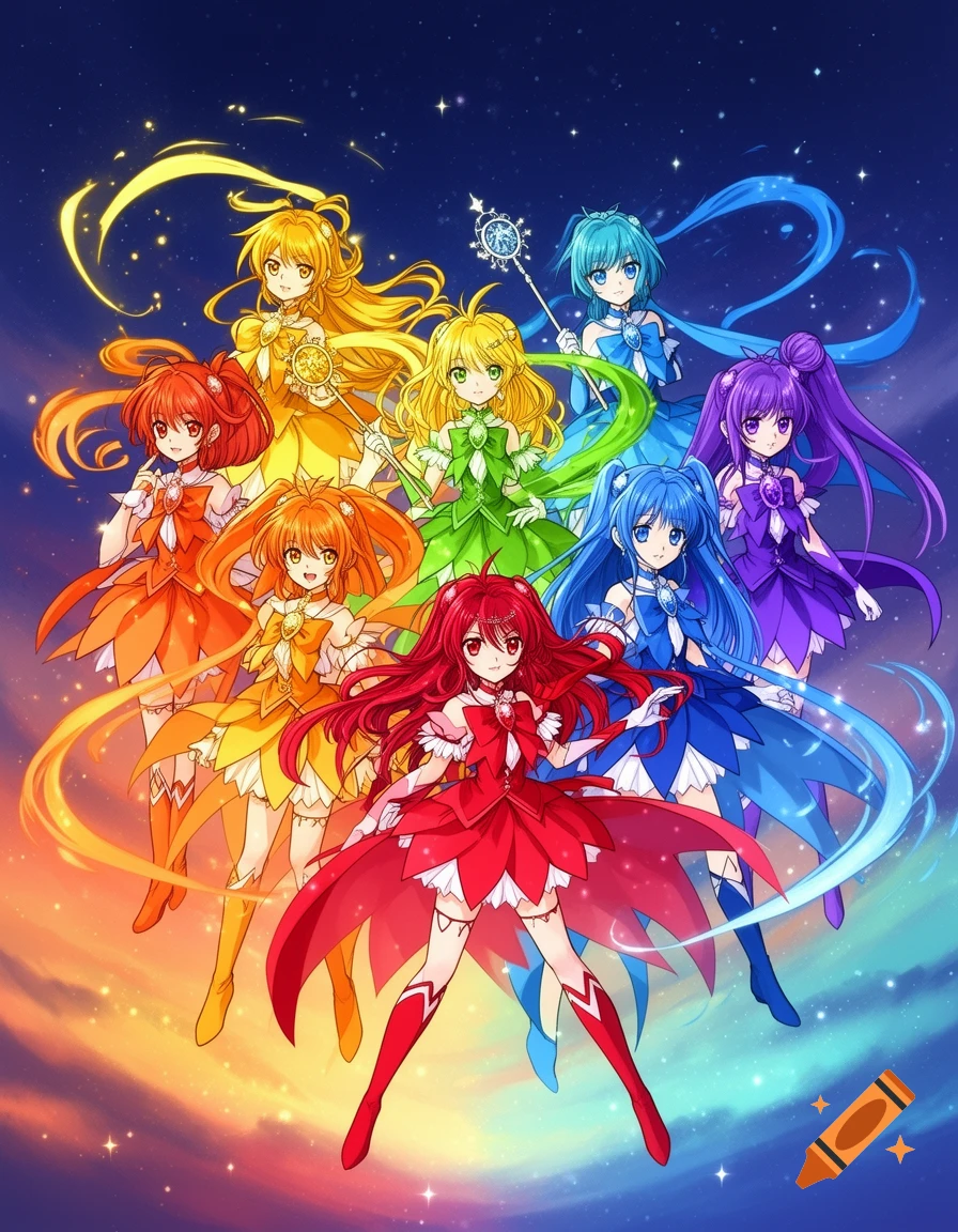 Seven anime magical girls in rainbow dresses and hair float against a starry night sky with a colorful, glowing horizon.