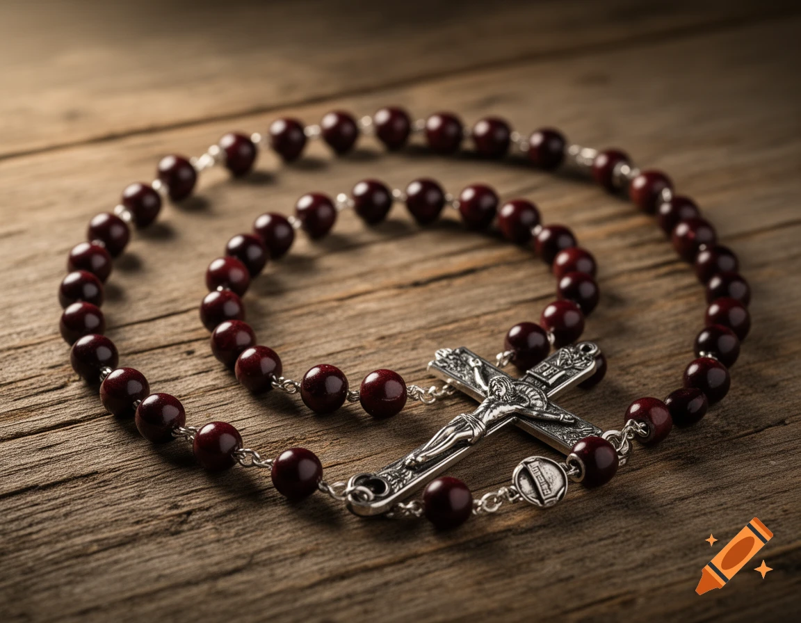 A rosary with dark red beads and a silver crucifix lies on a rustic wooden table.