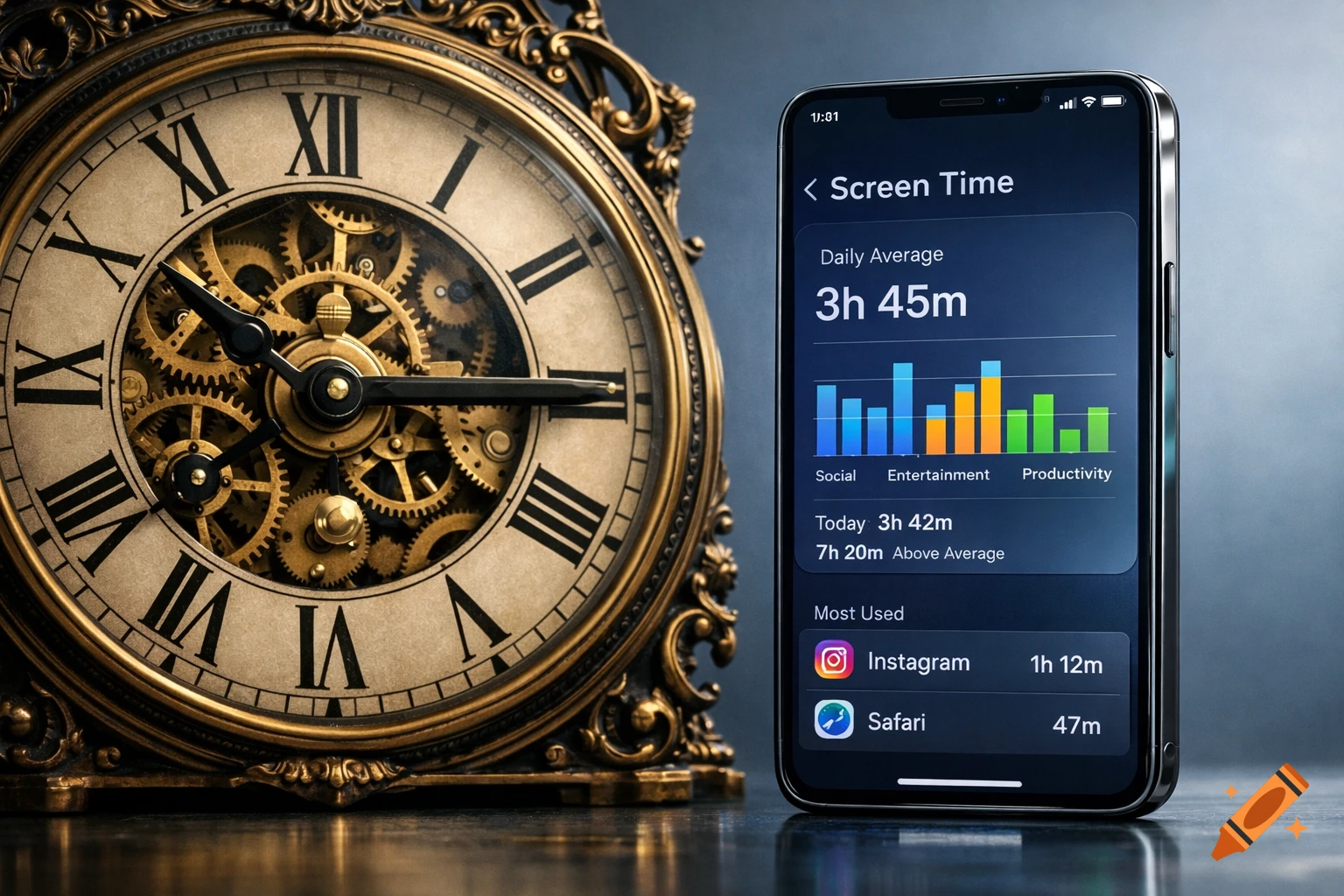 An ornate antique clock with visible gears next to a smartphone displaying a 'Screen Time' dashboard.