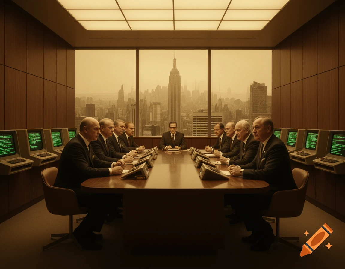 A retro-futuristic board meeting with men in suits around a large table, flanked by vintage green-screen computers, overlooking a hazy city skyline.
