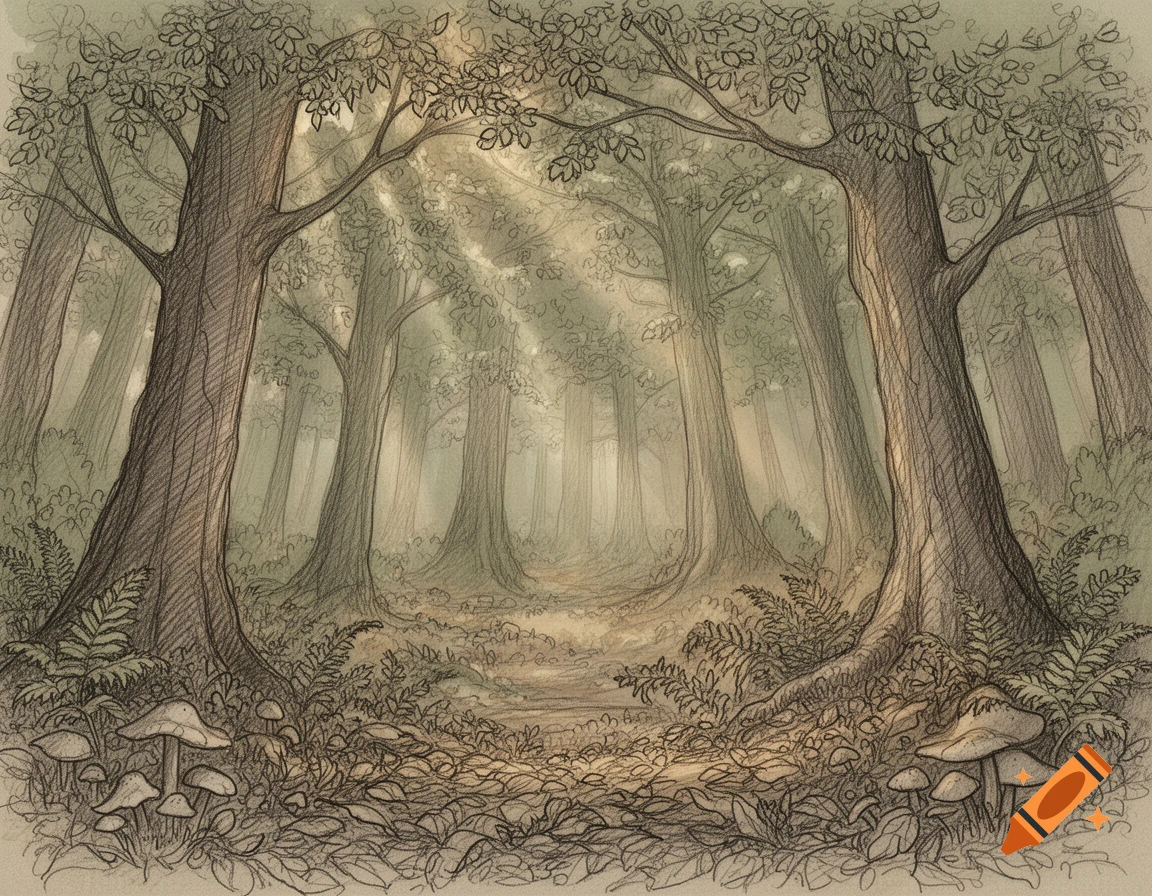 Detailed sketch of a mystical forest with tall trees, lush undergrowth, mushrooms, and light rays filtering through the canopy.