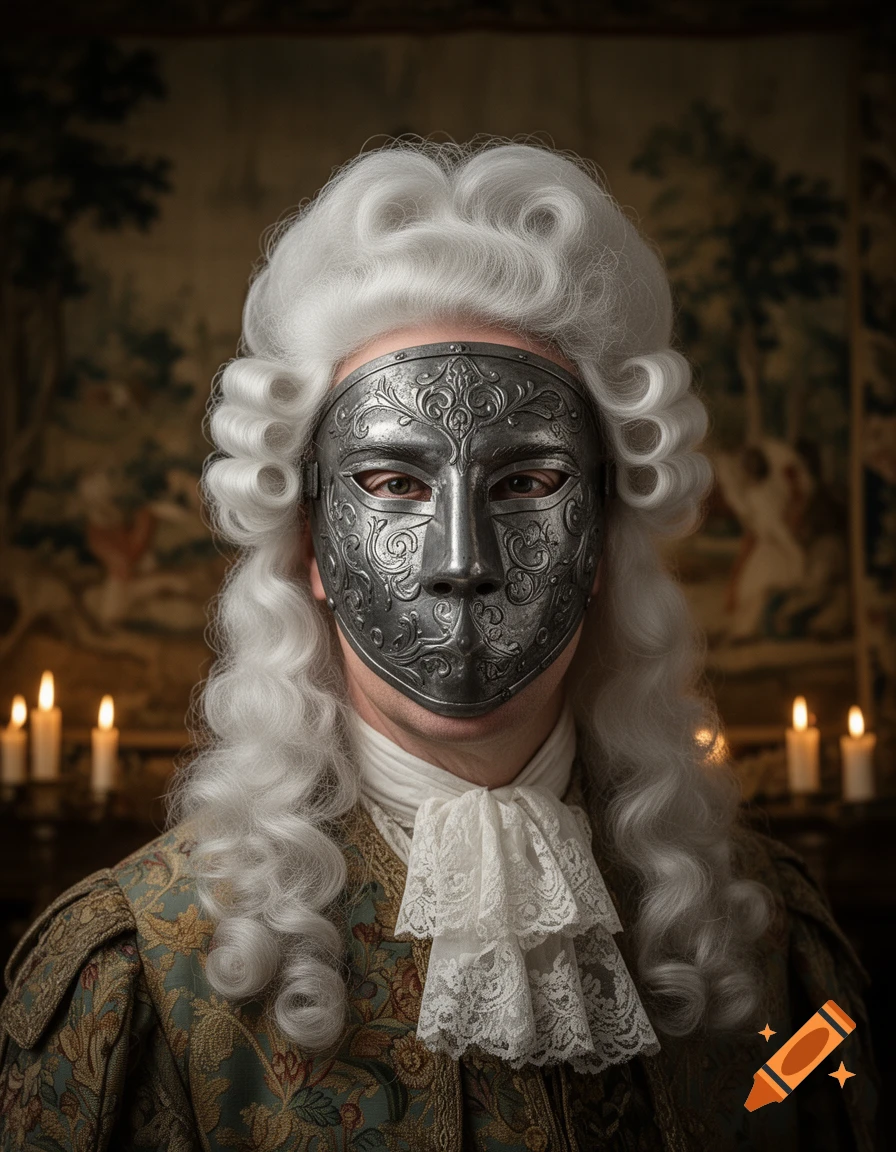 Photorealistic portrait of a person in a white Louis XIV wig, ornate silver mask, brocade jacket, and lace cravat, with candles in the background.