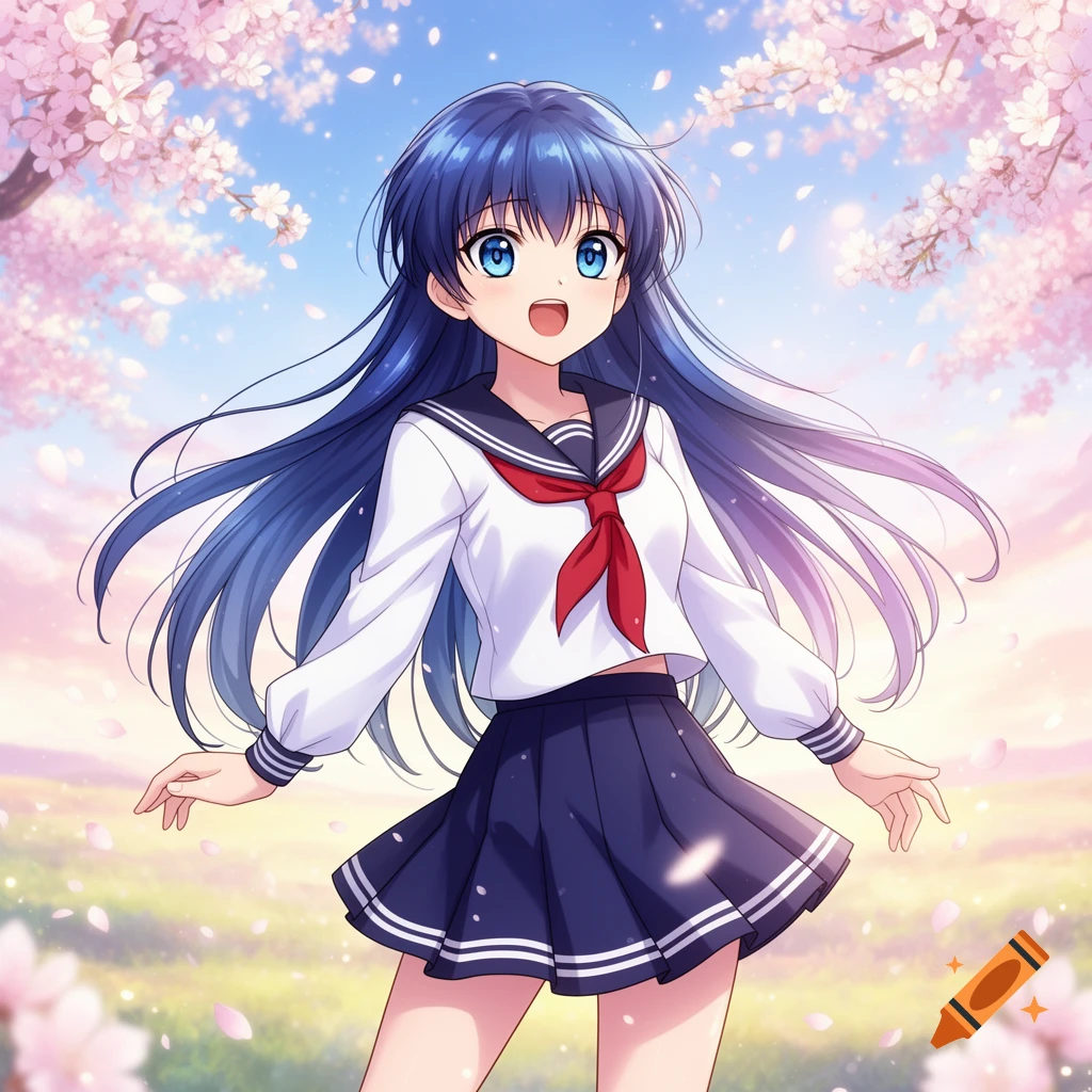 Smiling anime girl with blue hair in a school uniform, standing under blooming cherry blossom trees.