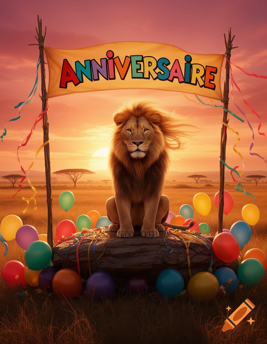 A majestic lion sits on a rock at sunset in a savanna, surrounded by colorful birthday balloons and streamers, with an 'ANNIVERSAIRE' banner overhead.