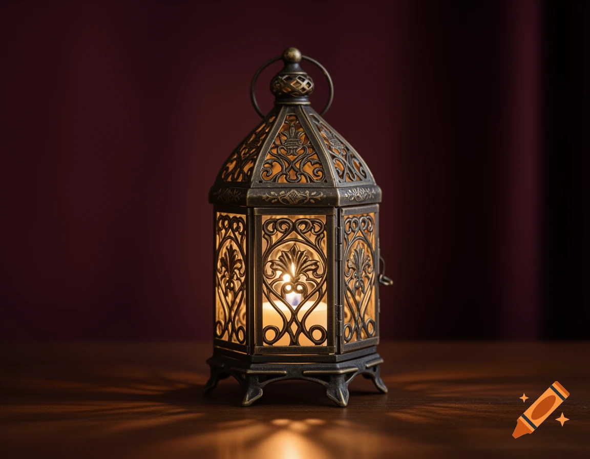 An ornate bronze lantern with a warm light, casting shadows on a wooden table against a dark red background.