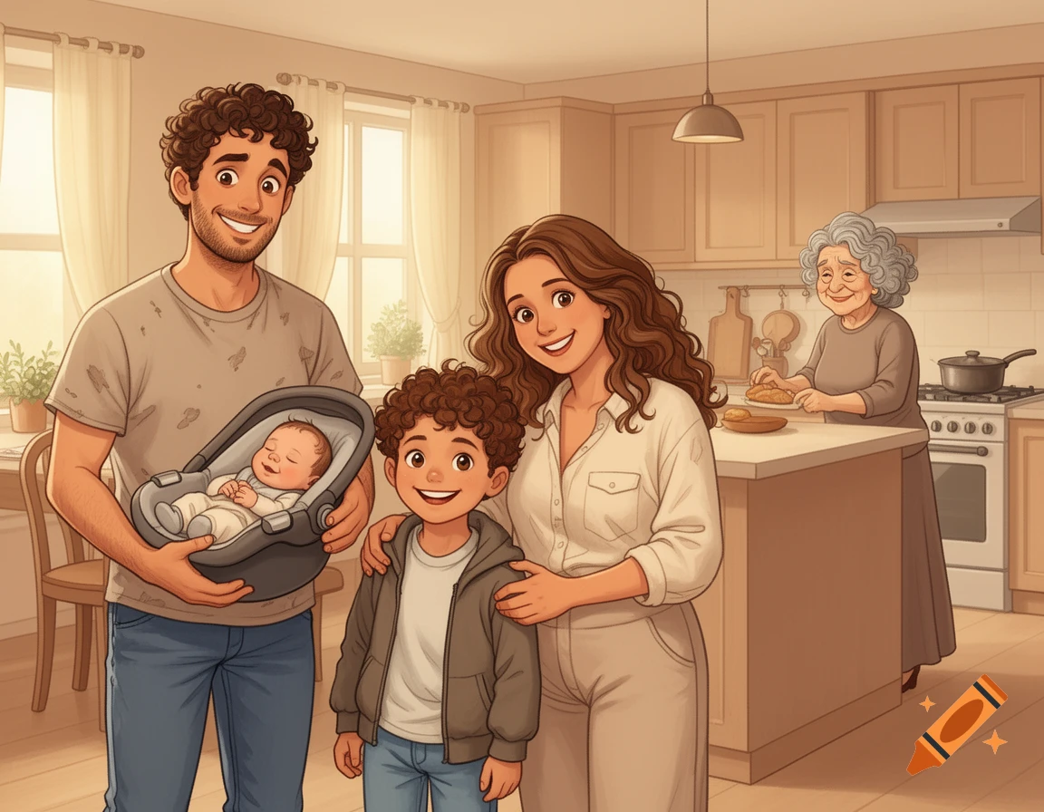 A smiling family of five, including a father holding a baby, a mother, a young boy, and a grandmother, in a kitchen.