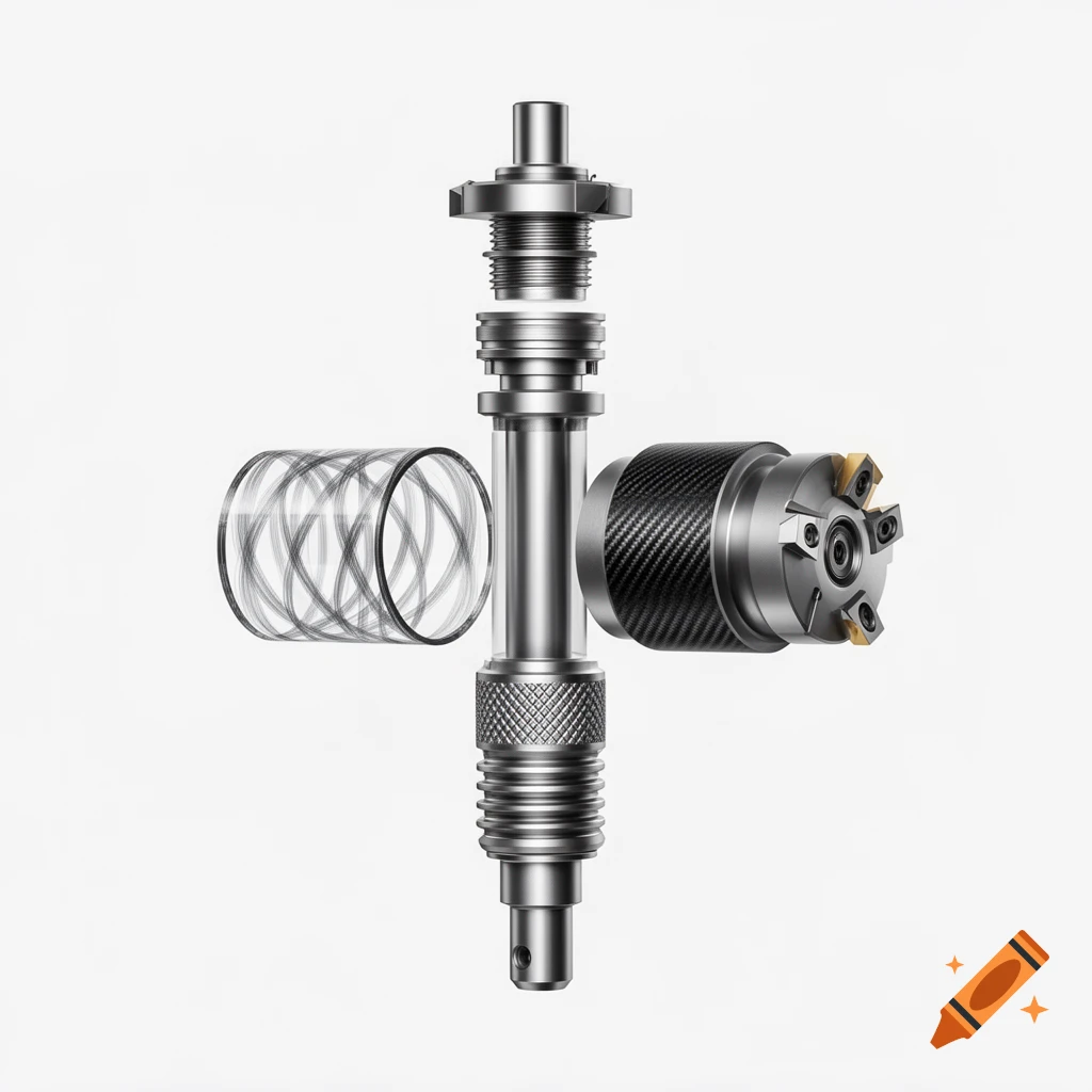 Exploded view of a silver industrial CNC machine tool holder with a carbon fiber sleeve and intricate mechanical parts.
