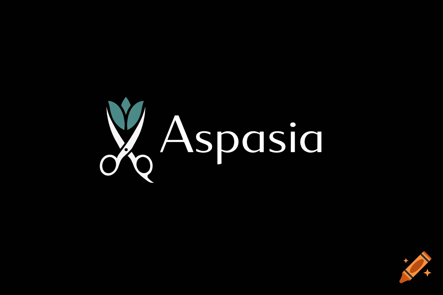 Minimalist logo with white open scissors topped by teal leaves, next to the white text 'Aspasia' on a black background.