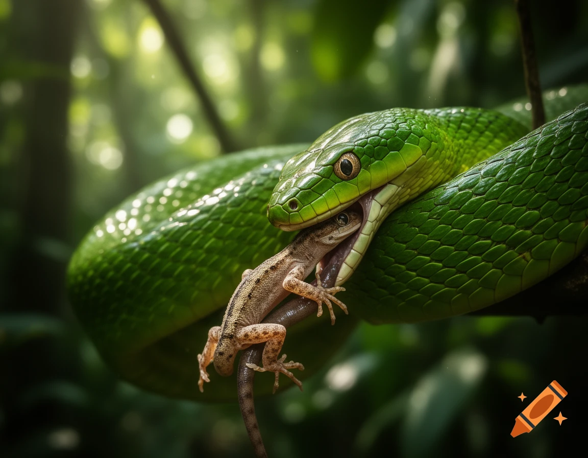 A vibrant green snake with large eyes is shown mid-swallow, consuming a brown and tan gecko in a lush, green forest.