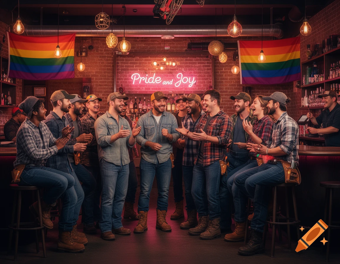 A group of happy men in flannel shirts and work boots gathered in a vibrant bar, with rainbow flags and a neon sign reading "Pride and Joy" in the background.