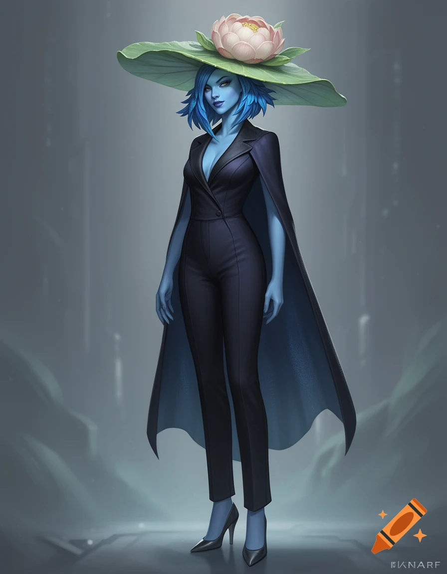 A tall, blue-skinned alien woman with blue hair, wearing a dark jumpsuit, a cape, and a large lotus leaf hat with a pink lotus flower, standing elegantly.