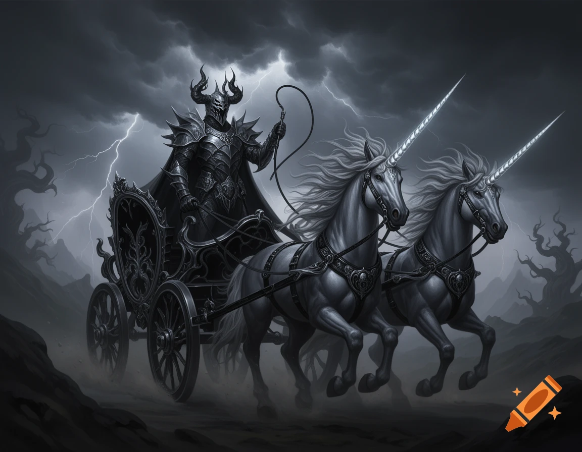 Dark armored figure with horns in an ornate chariot pulled by two unicorns under a stormy, lightning-filled sky.