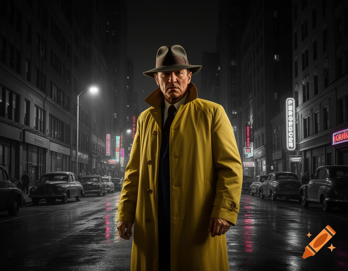 A man in a yellow trench coat and fedora stands on a wet, dark city street with classic cars and neon signs, in film noir style.