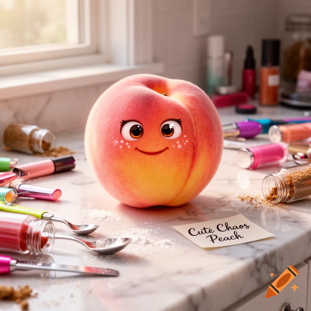 A happy, cartoon-faced peach sits on a marble kitchen counter amidst scattered makeup and spices, with a note reading 'Cute Chaos Peach'.