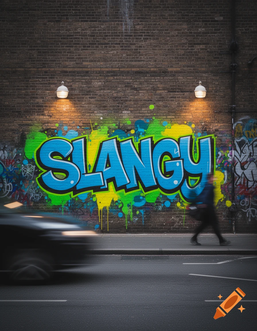 A brightly lit brick wall features colorful graffiti spelling 'SLANGY' as a blurred car and person pass by on the street below.