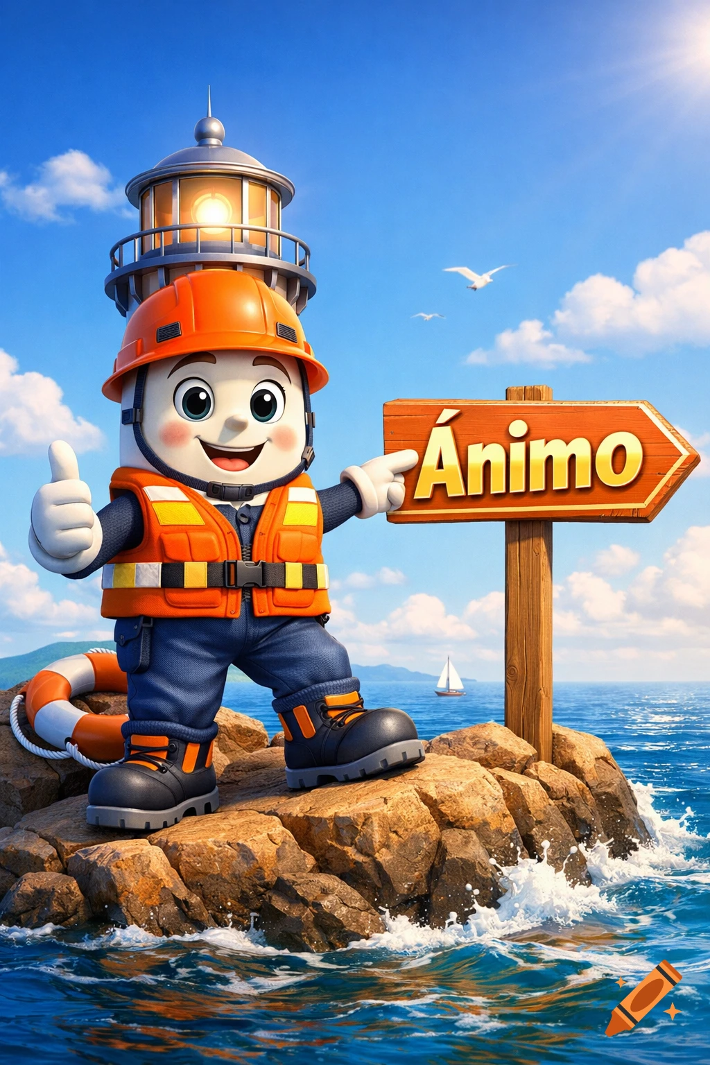 A friendly 3D cartoon lighthouse character in a safety vest and hard hat, giving a thumbs up and pointing to an 'Ánimo' sign on a rocky island in the sea.