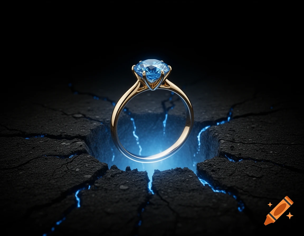 A gold ring with a sparkling blue diamond emerges from cracked dark ground, illuminated by a glowing blue light from within the cracks.