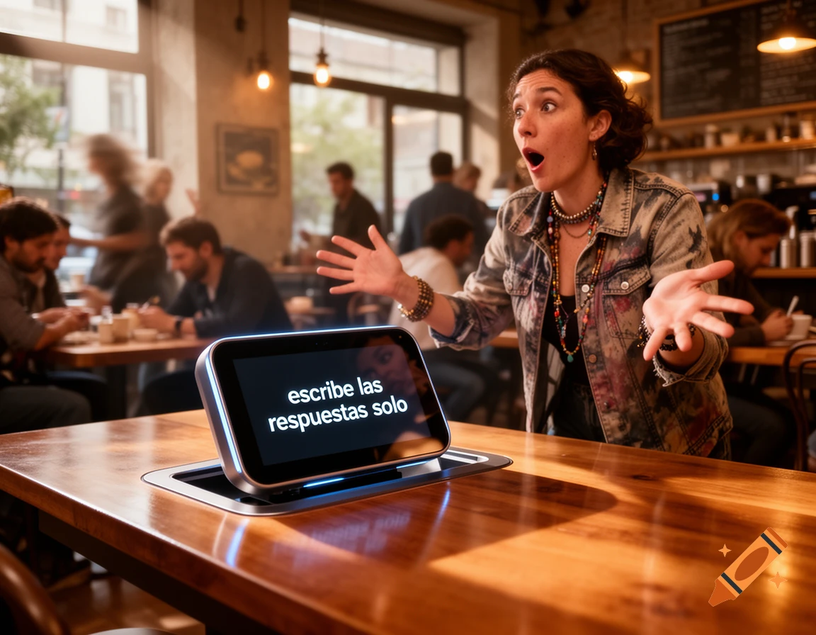 A surprised woman in a cafe reacts to a device on a wooden table displaying "escribe las respuestas solo".