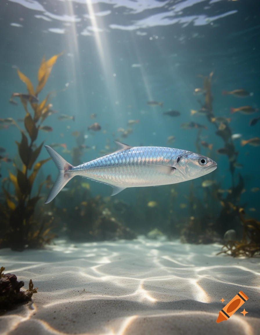 A fusiform fish with iridescent scales swims in clear, sunlit ocean water above a sandy seabed, surrounded by kelp and smaller fish.