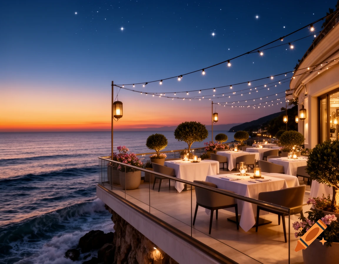 Elegant restaurant terrace overlooking the sea at sunset, with illuminated string lights and dining tables set with candles. Photorealistic.