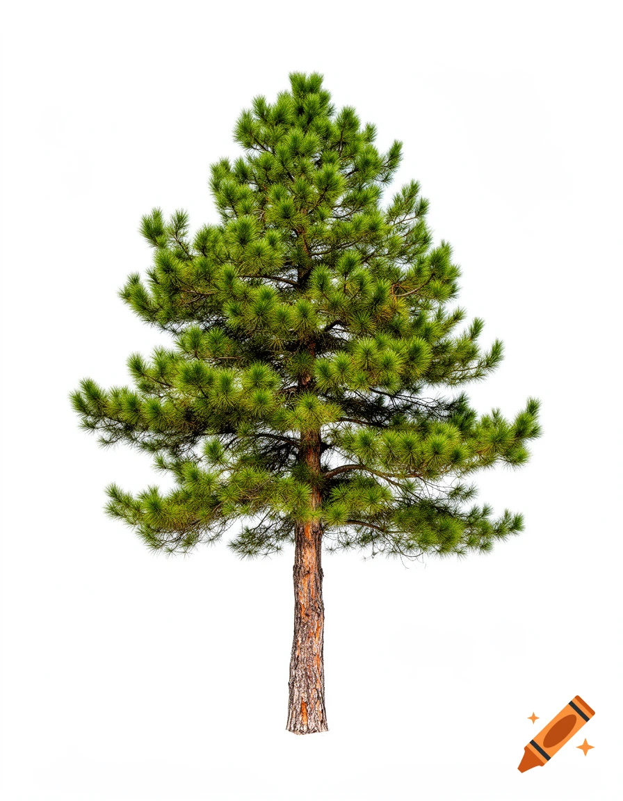 A detailed, photorealistic pine tree stands against a pure white background.