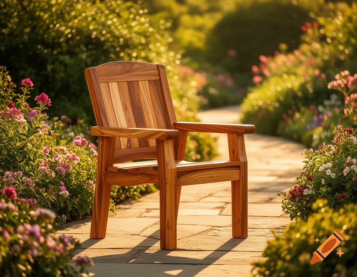 A wooden chair on a stone path in a sunny garden, surrounded by blooming flowers and lush greenery, in a photorealistic style.