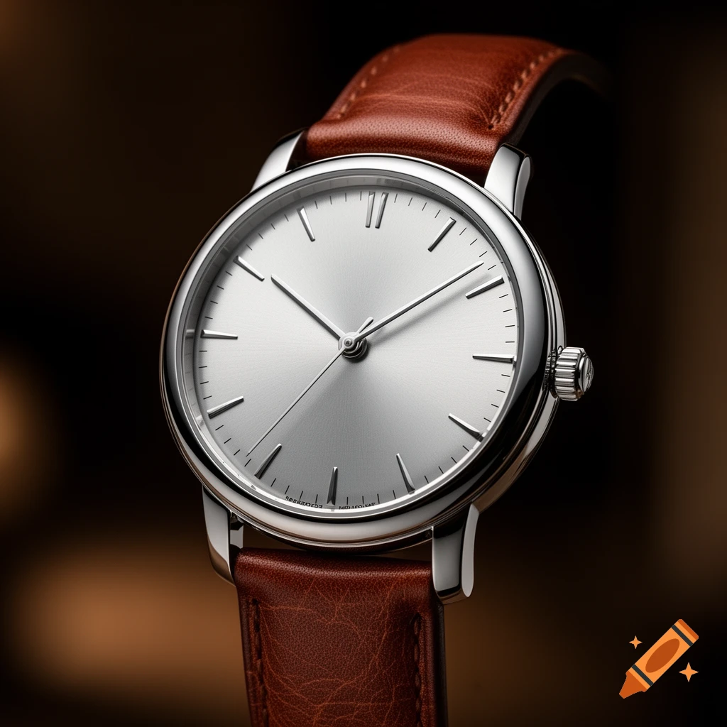Close-up of a silver watch with a simple face, thin hands, and a brown leather strap on a dark, blurred background.