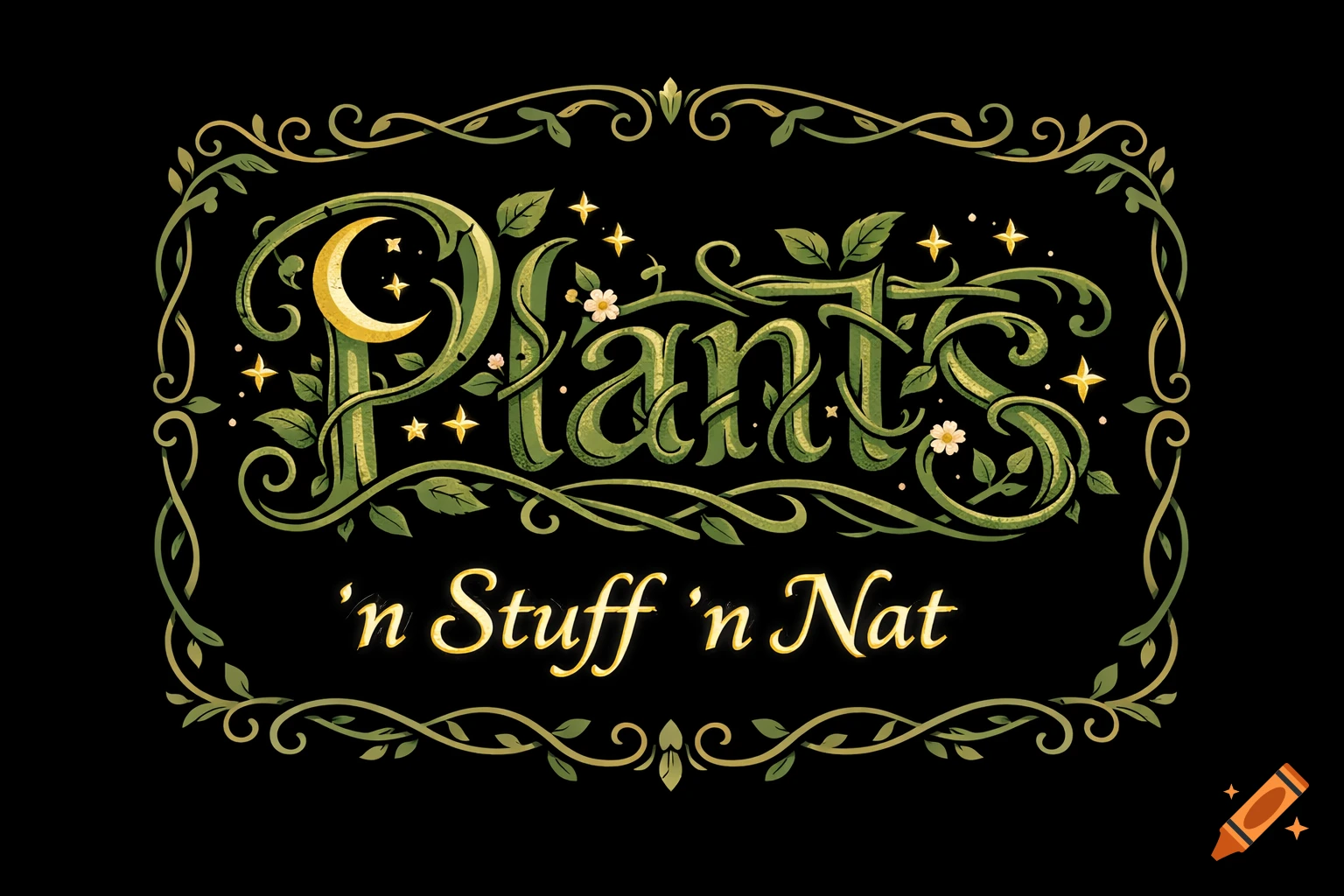 Whimsical shop sign with 'Plants' in green leafy letters with a crescent moon, and golden "'n Stuff 'n Nat" below, framed by vines on black.
