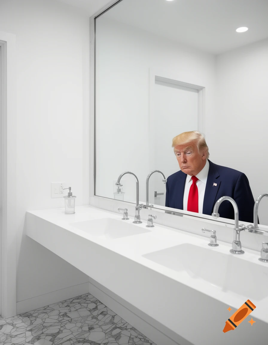 Photorealistic image of Donald Trump looking into a mirror above a long white sink in a modern bathroom.