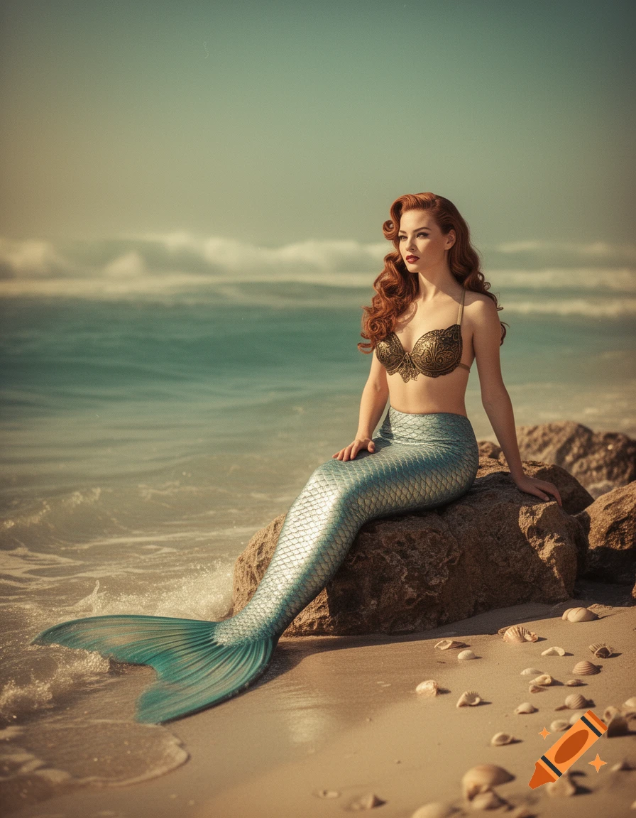 Red-haired mermaid with shimmering blue tail and shell bra sits on rocks by a vintage-style ocean.