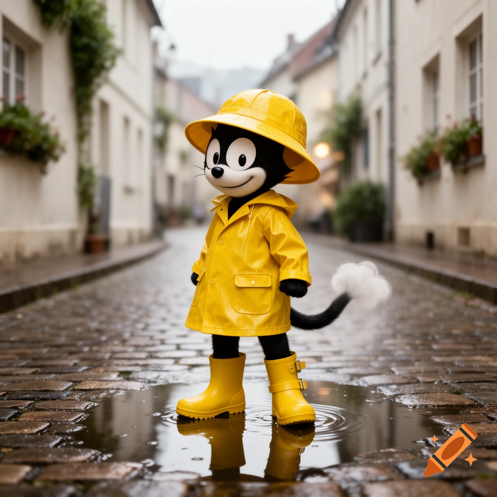 Felix the Cat in a yellow raincoat, hat, and boots stands in puddles on a cobblestone street, with a white cloud near his tail.