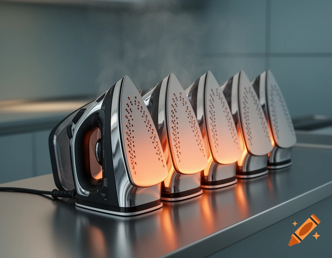 Multiple modern irons with glowing bottoms and steam lined up on a metallic surface.