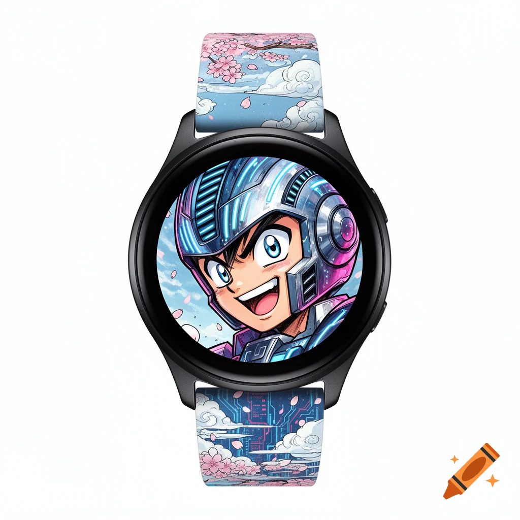 A black smartwatch features an anime character with a futuristic helmet, and straps with cherry blossoms and circuit patterns.