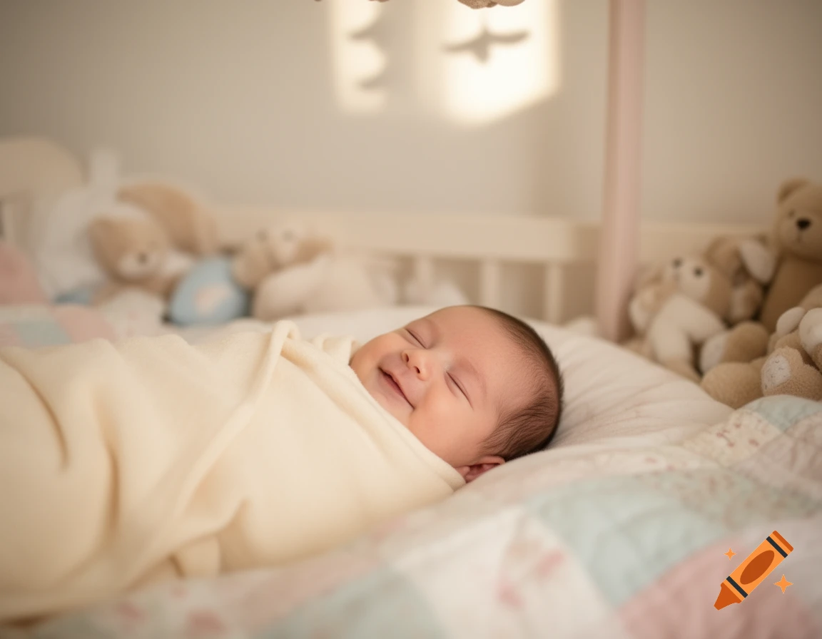 A swaddled newborn baby sleeps soundly in a crib, smiling faintly, surrounded by soft toys.