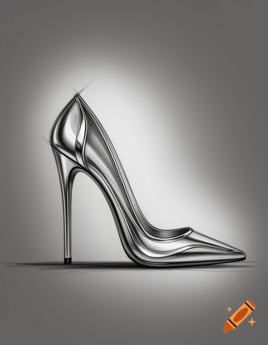Sketch of a metallic silver high heel shoe with sleek, pointed design against a grey background.