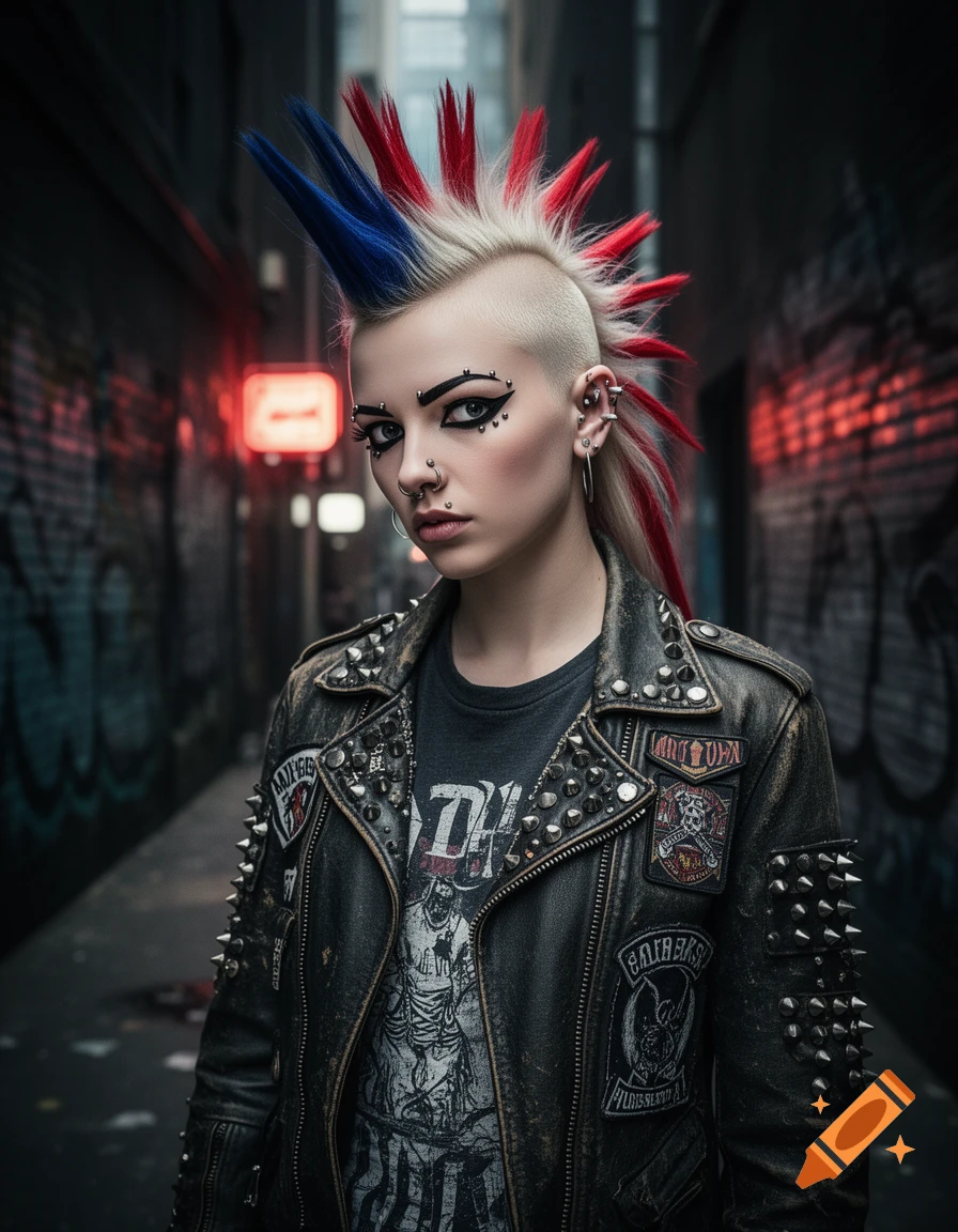 A young woman with a red, white, and blue punk mohawk and piercings, wearing a studded leather jacket in a dark alley.