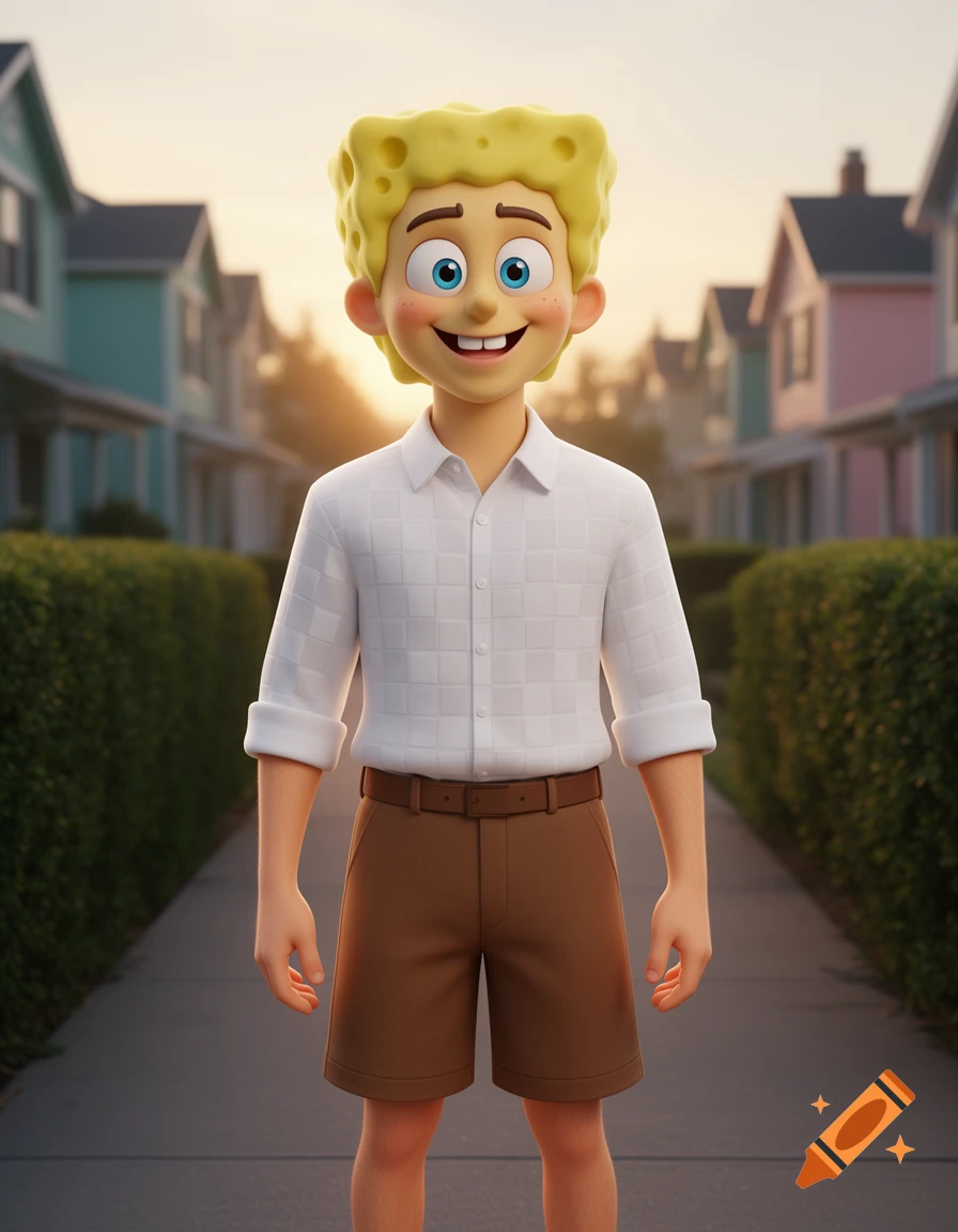 A smiling boy with yellow, sponge-textured hair and blue eyes stands on a suburban sidewalk at sunset, wearing a white shirt and brown shorts.