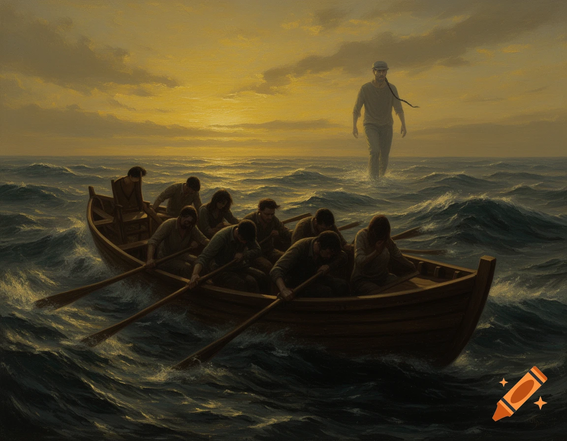 Oil painting of a distressed rowing team in a wooden boat on stormy seas at golden hour, while a man walks on water in the distance.