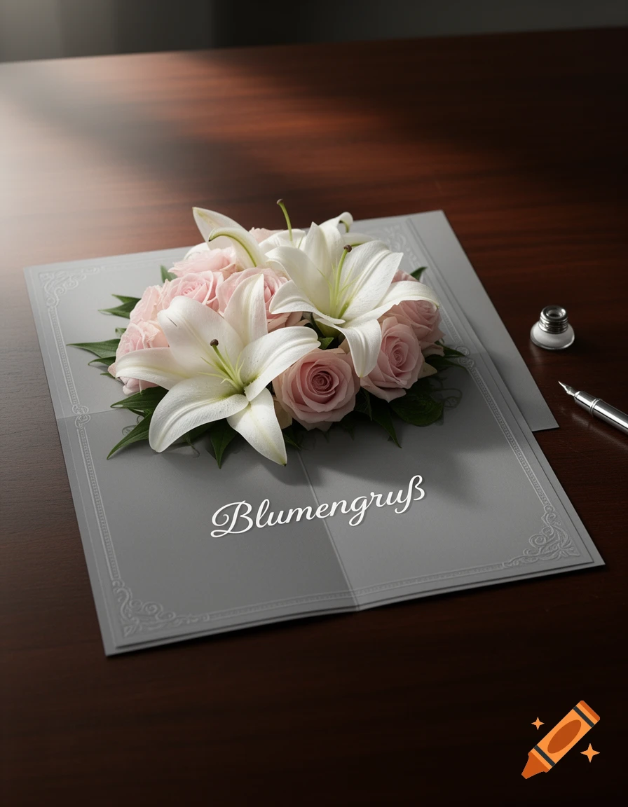 Photorealistic bouquet of white lilies and pink roses on a gray card reading 'Blumengruß', beside a pen and inkwell on a dark wooden table.